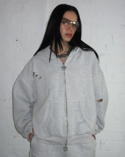 Named Collective Curse Distressed Zip Grey Marl Hoodie
